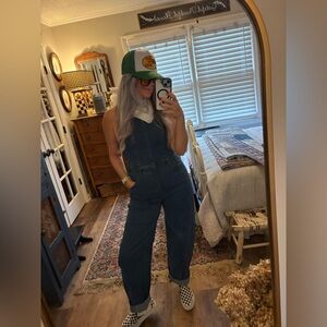 Denim Barrel Leg Jumpsuit Dark Wash Small Halter